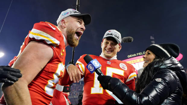 Chiefs tight end Travis Kelce and quarterback Patrick Mahomes celebrate their AFC championship win against the Bengals.